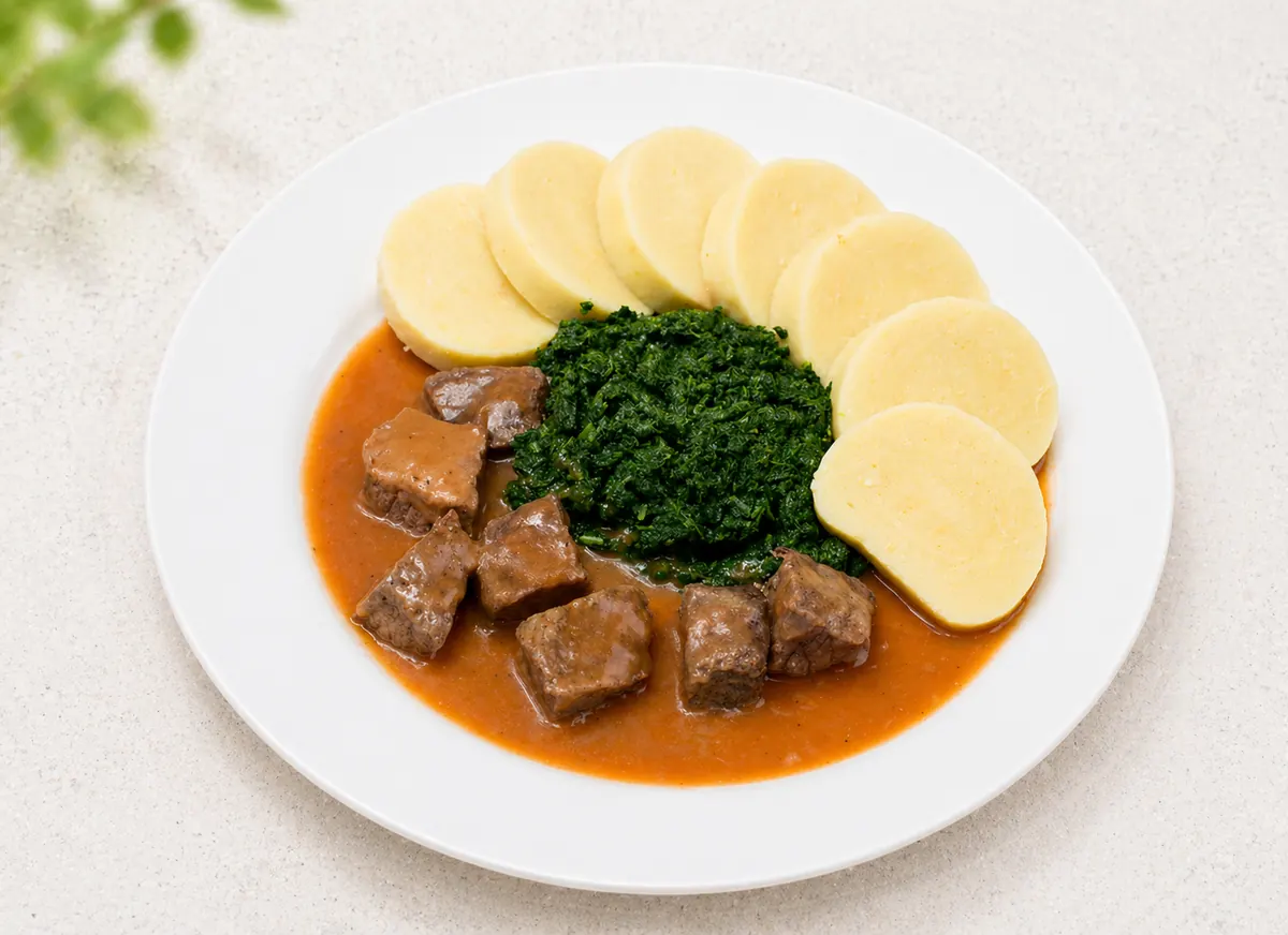 Hovězí na česneku se špenátem a bramborovým knedlíkem