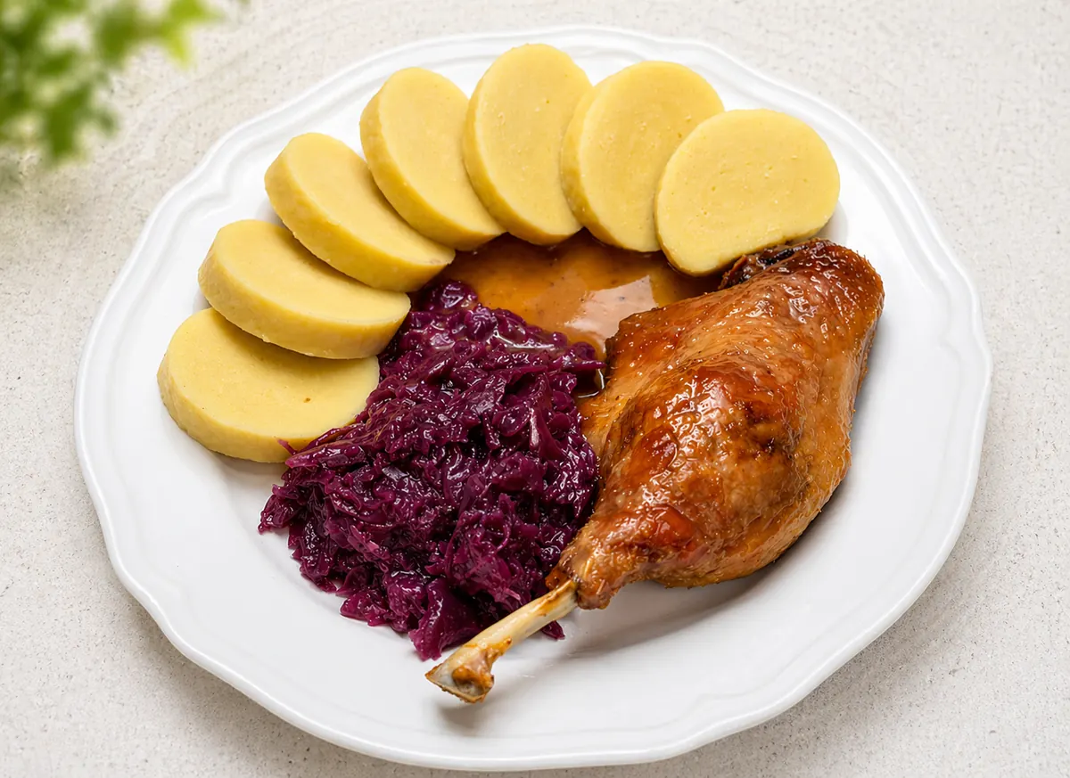 Pečená kachna s bramborovým knedlíkem a zelím