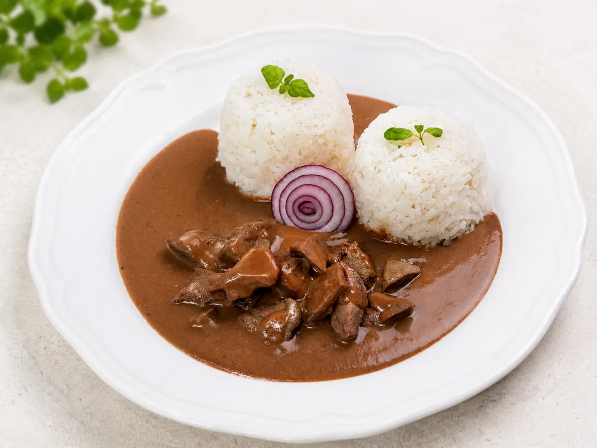 Vepřová játra s játrovou omáčkou a rýží